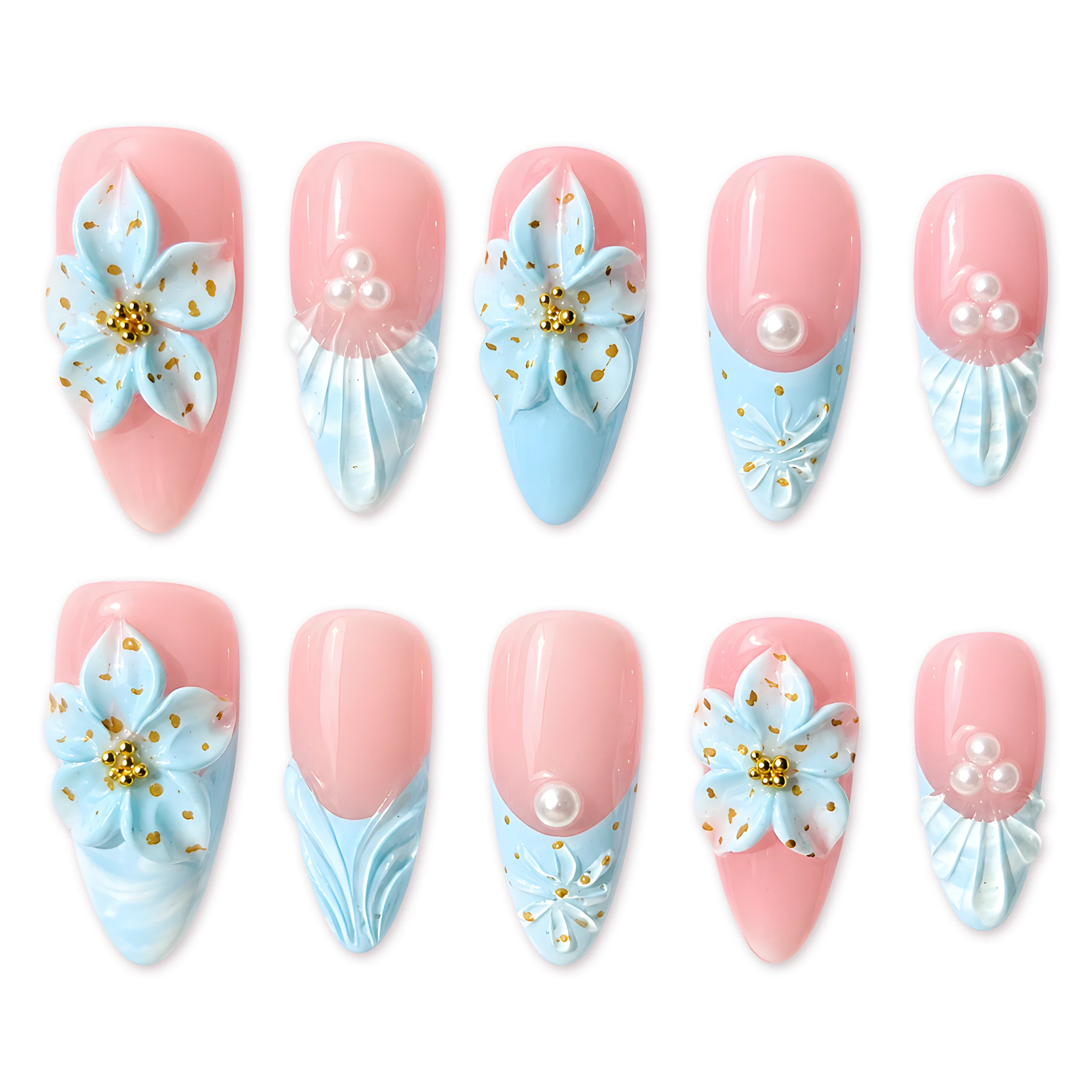 Cinderella Blue 3D Floral French Press-On Nails - Image 6