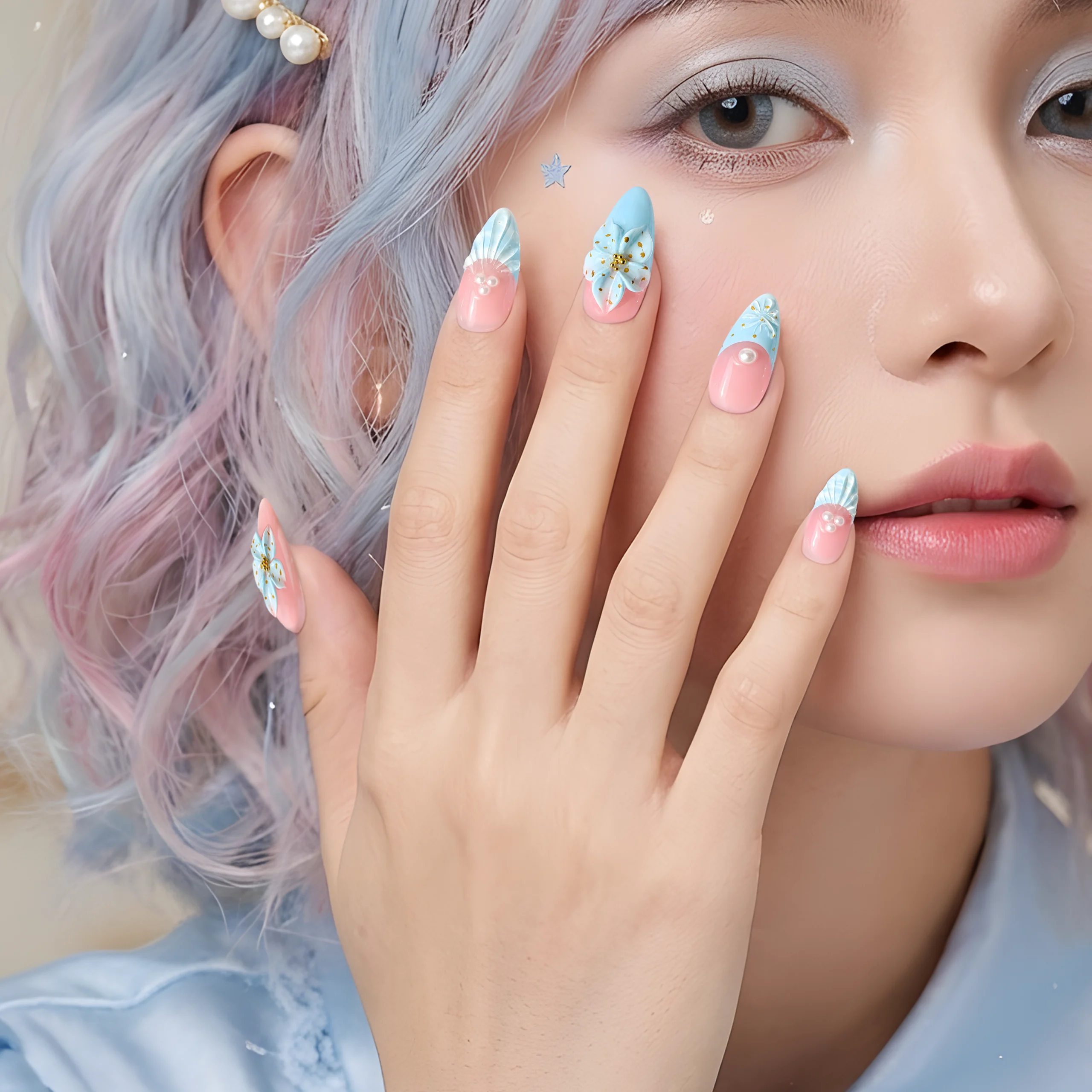 Cinderella Blue 3D Floral French Press-On Nails - Image 4
