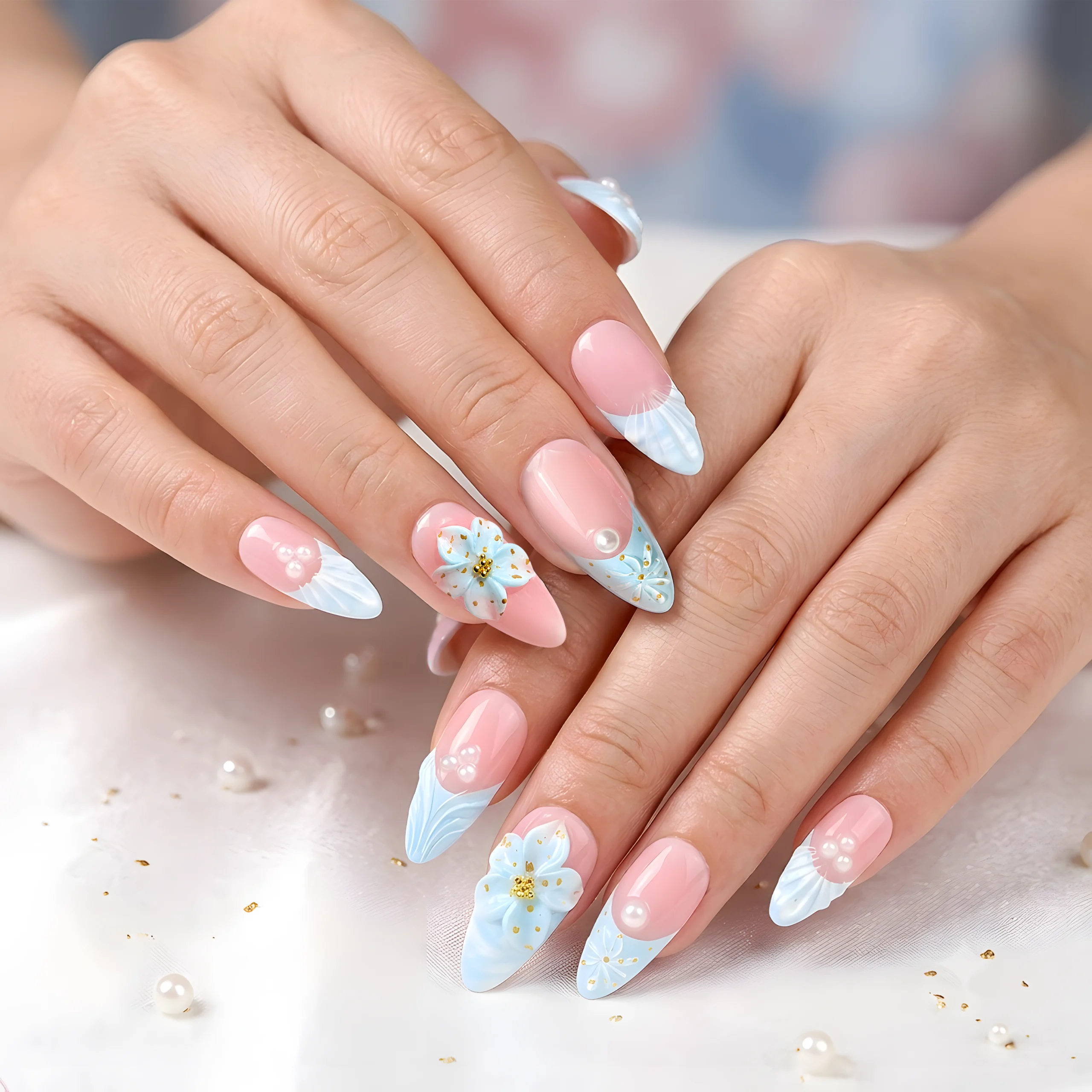 Cinderella Blue 3D Floral French Press-On Nails - Image 2