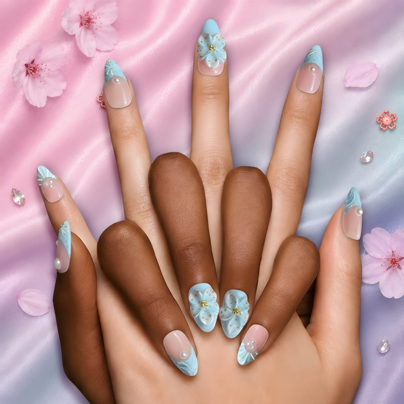 Cinderella Blue 3D Floral French Press-On Nails