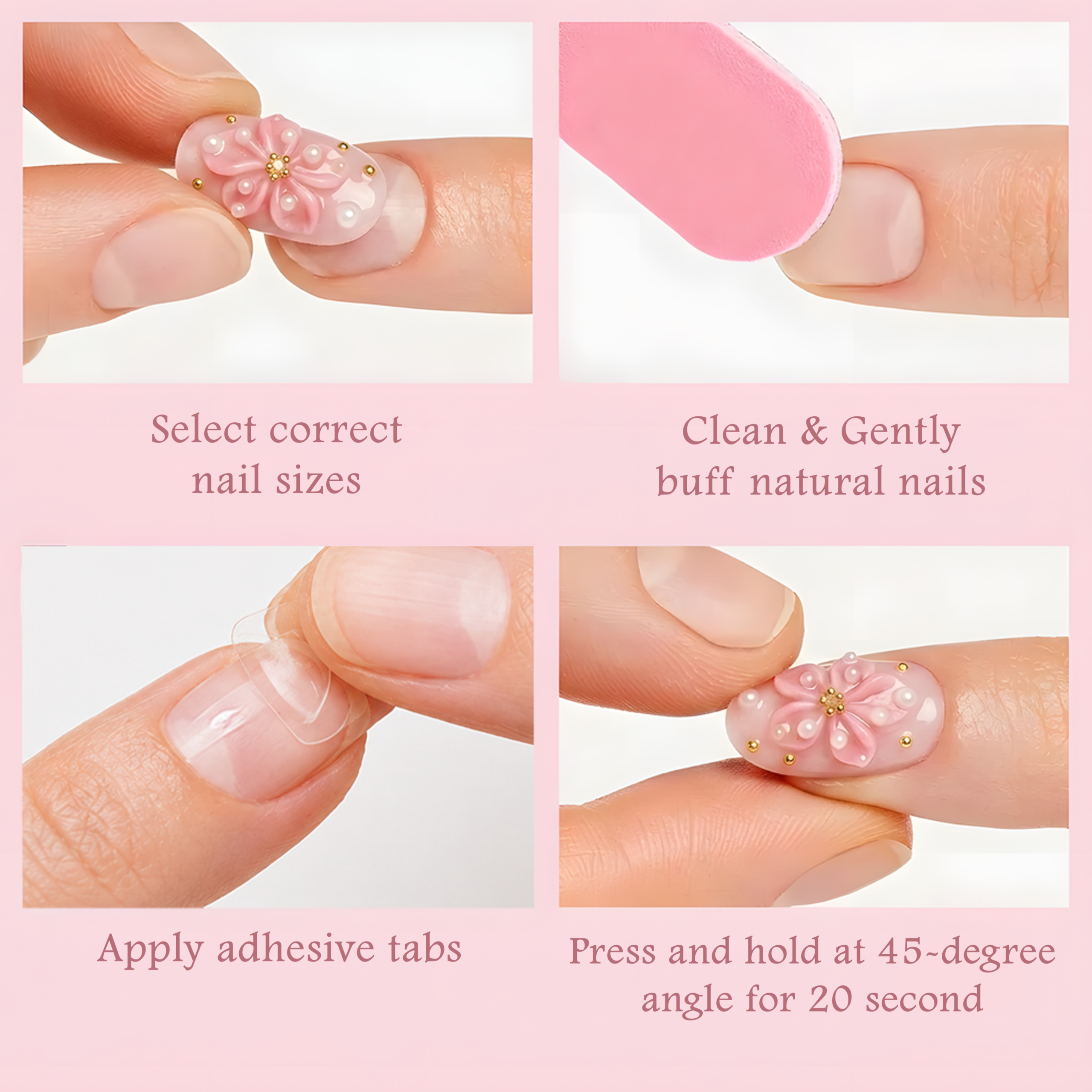 Sakura Pink 3D Floral Press-On Nails – Handmade Almond Nails with Gold Accents - Image 3