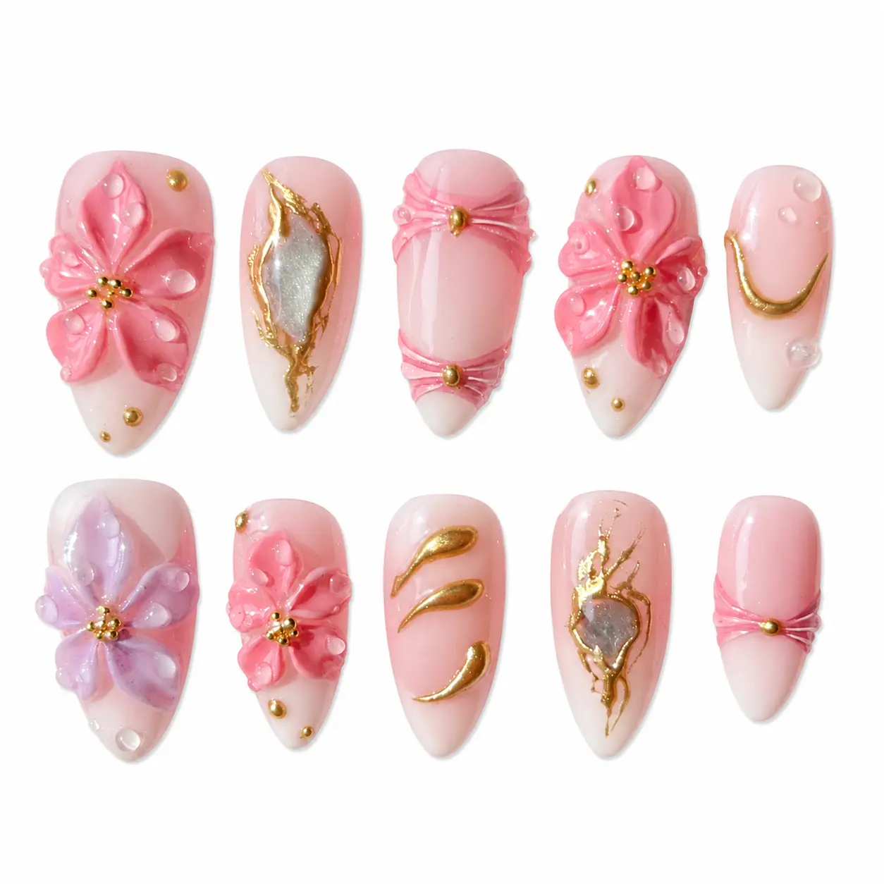 Sakura Pink 3D Floral Press-On Nails – Handmade Almond Nails with Gold Accents - Image 6