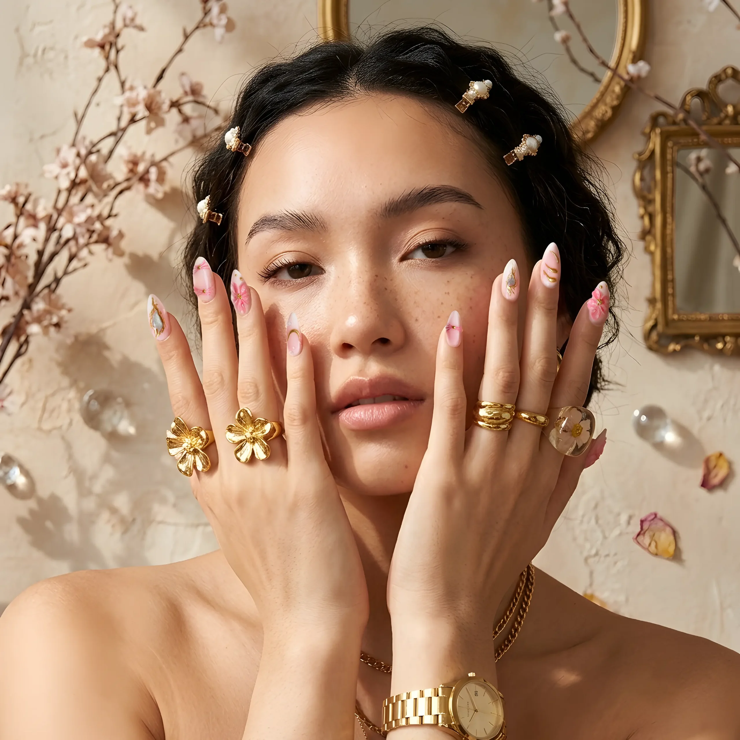 Sakura Pink 3D Floral Press-On Nails – Handmade Almond Nails with Gold Accents - Image 4