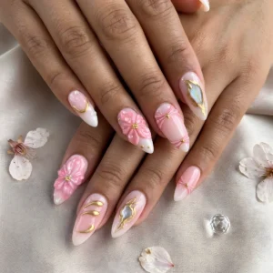 Alternative view of Sakura Pink 3D Floral Press-On Nails – Handmade Almond Nails with Gold Accents